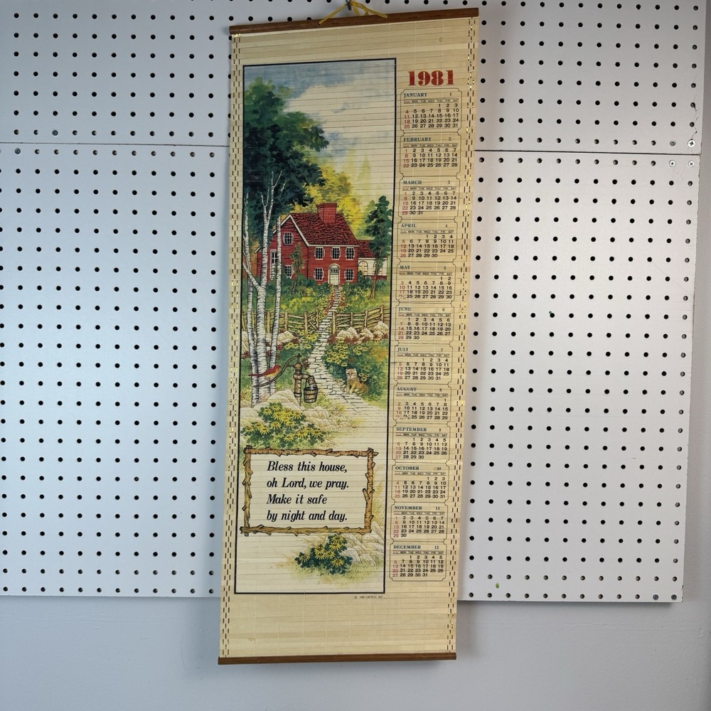 Vtg 1981 Bless This House wooden wall scroll farmhouse cottage decor‎